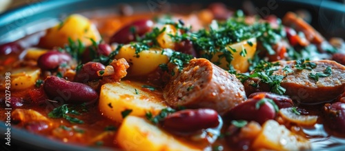 Sausage, potatoes, and red beans in goulash soup.