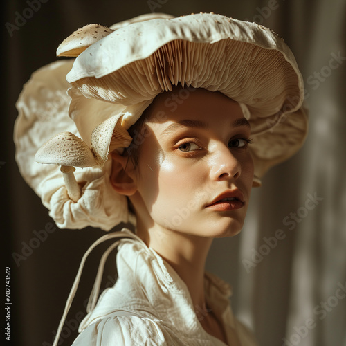 A fashion woman with a mushrooms on her head like a hat. Fashion photography.