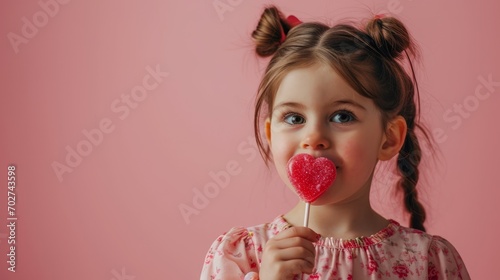Cute girl  holding lollipop candy on pink background, space for text, St. Valentine's Day photo