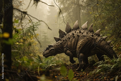 Stegosaurus in forest.