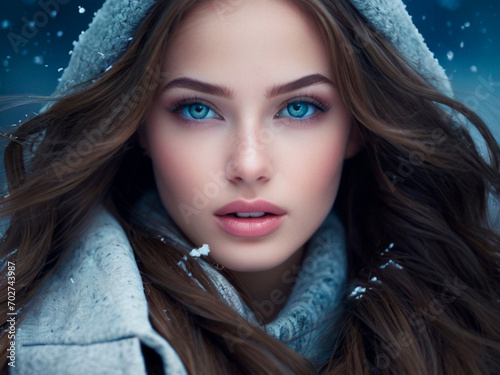 Winter portrait of a beautiful young woman with long hair and blue eyes