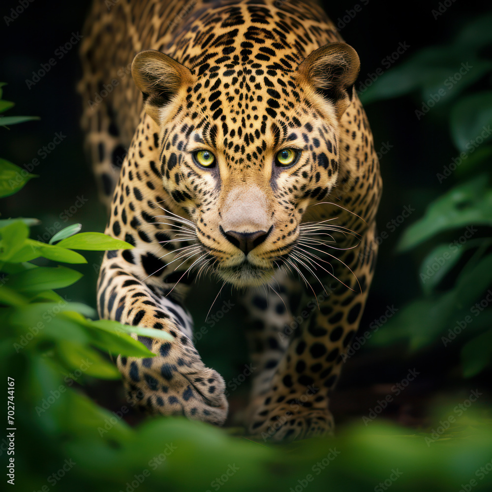 Obraz premium leopard sneaking through forest.