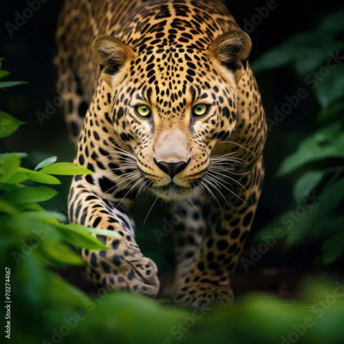 leopard sneaking through forest.