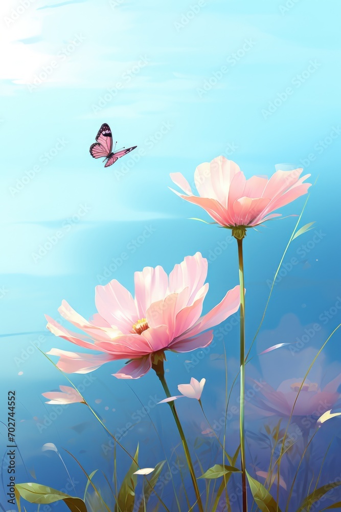 Beautiful pink flowers anemones fresh spring morning on nature and flying blue butterfly on soft blue background, macro.
