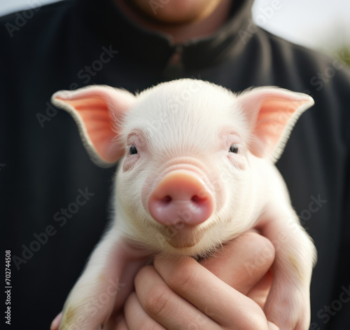 photo of happy Farmer holding piglet in field, closeup.