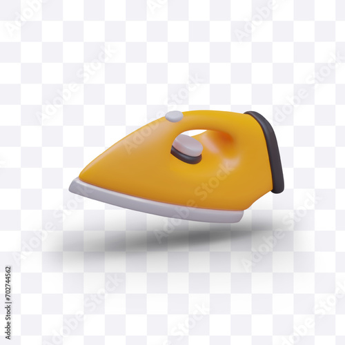 Side view on modern iron. Irons as electric household appliance for steaming clothes. Colorful design in yellow color. Vector illustration in 3d style with shadow