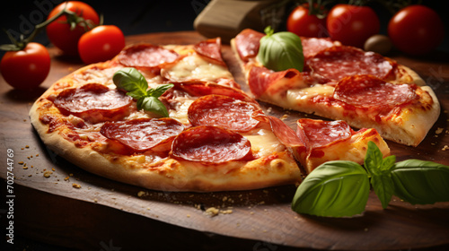 A slice of fresh Italian classic pizza with salami
