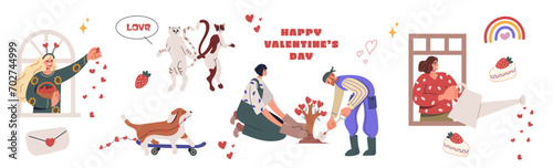 Set of cartoon characters people sharing love, celebrate valentine's day. Love couple hugging. Collection of love symbol and romantic elements Vector flat illustration 