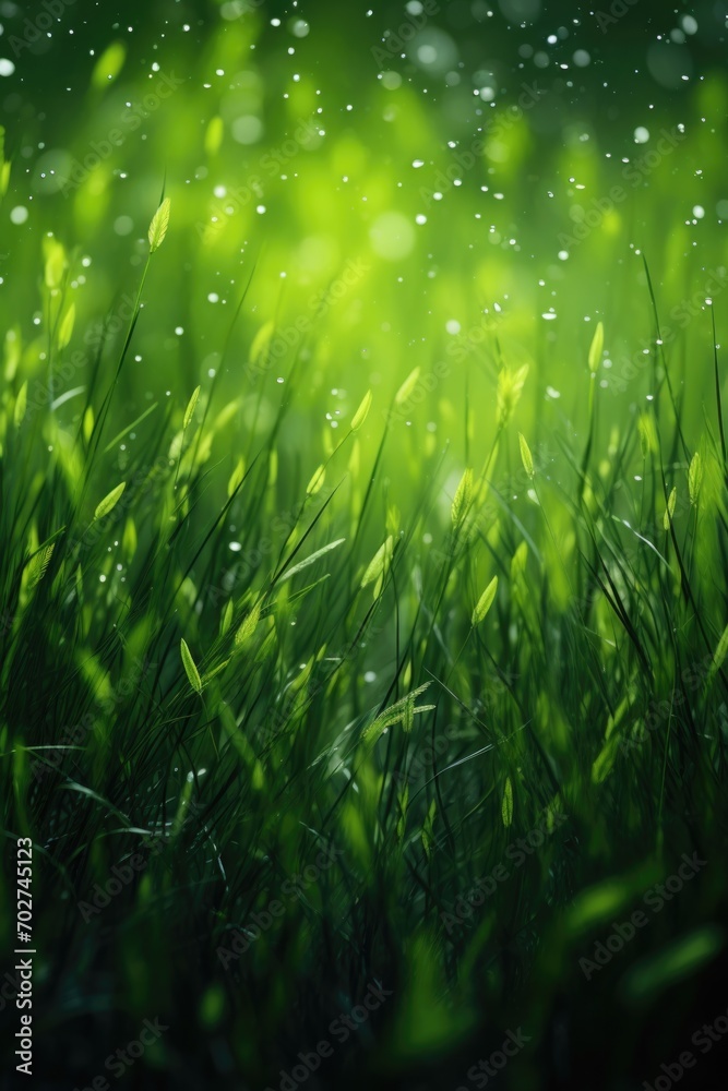 Obraz premium Green grass leaf with small water drops background