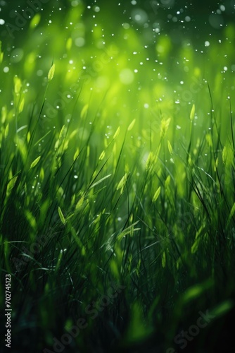 Green grass leaf with small water drops background