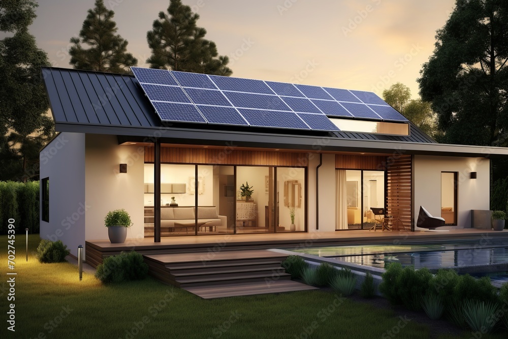 This cutting-edge, eco-friendly home features solar panels, an energy-saving design with clean lines, nestled within a sustainable garden and outdoor seating area.