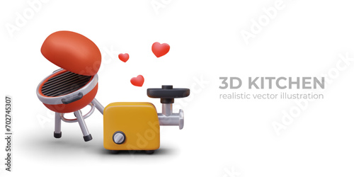 Home appliance for kitchen. Realistic red grill for cooking food on fire and meat grinder for chopping meat. Vector illustration in 3d style with place for text