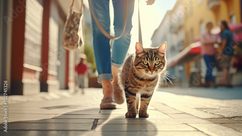 A tabby cat walks next to a woman on the sidewalk photo