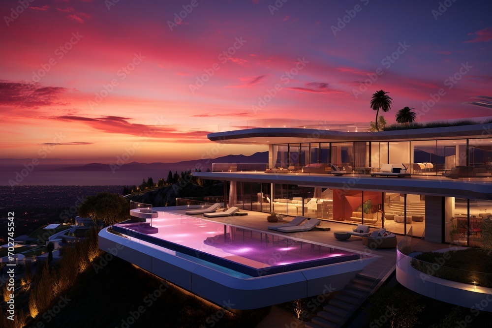 This cutting-edge, eco-friendly home features solar panels, an energy-saving design with clean lines, nestled within a sustainable garden and outdoor seating area.