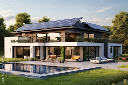 This cutting-edge, eco-friendly home features solar panels, an energy-saving design with clean lines, nestled within a sustainable garden and outdoor seating area. © Silvana