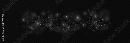 White sparkles and stars sparkle with a special lighting effect. Vector glare on a transparent background. Sparkling magical dust particles.