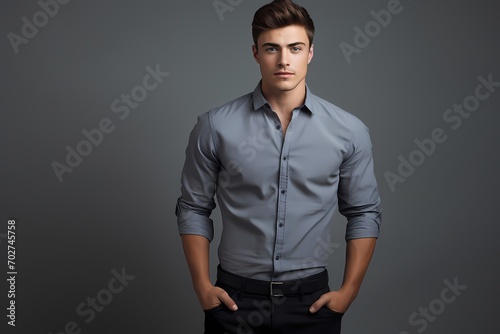 A smart and handsome young male model in a casual denim shirt and tailored pants, against a solid light gray background.