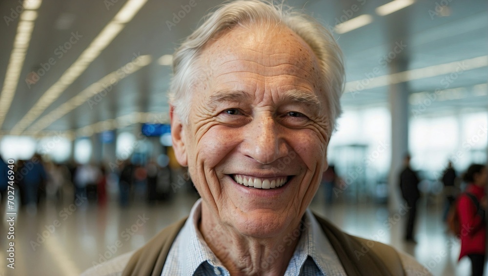 Elderly man smiling in airport, white hair, casual attire, with a crowd in soft focus behind him. Elderly man smiling in airport, white hair, casual attire, with a crowd in soft focus behind him.