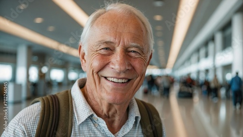 Elderly man in airport, beaming smile, suspenders, carrying a shoulder bag, modern airport architecture behind.