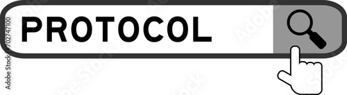 Search banner in word protocol with hand over magnifier icon on white background