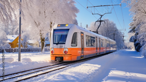 City streets after a heavy snowfall. Tram stop in the park.