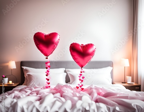2 ballons coeur dans un lit photo