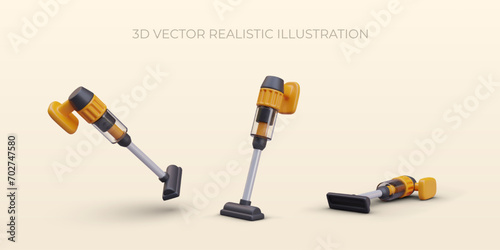 Realistic water vacuum cleaner in different positions. Modern room cleaning equipment. Easy cleaning concept. Vector illustration in 3d style with yellow background