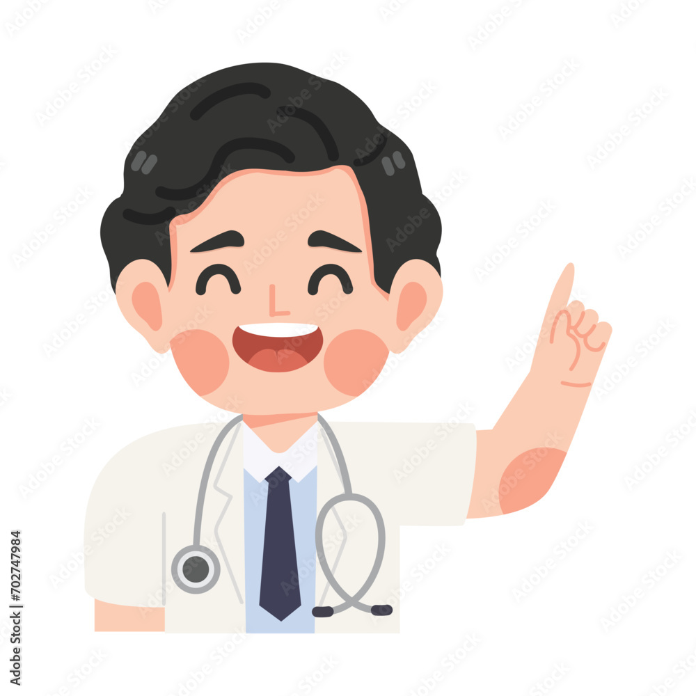Happy doctor pointing above his head cartoon