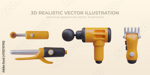 Realistic hair clipper, electrical toothbrush, hair curler, and massager in yellow and black colors. Concept of different electrical appliances for home use. Vector illustration in 3d style