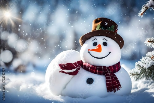 Within a winter scenery, a happy snowman radiates warmth and joy, illuminated by perfect lighting that brings out every delightful detail.