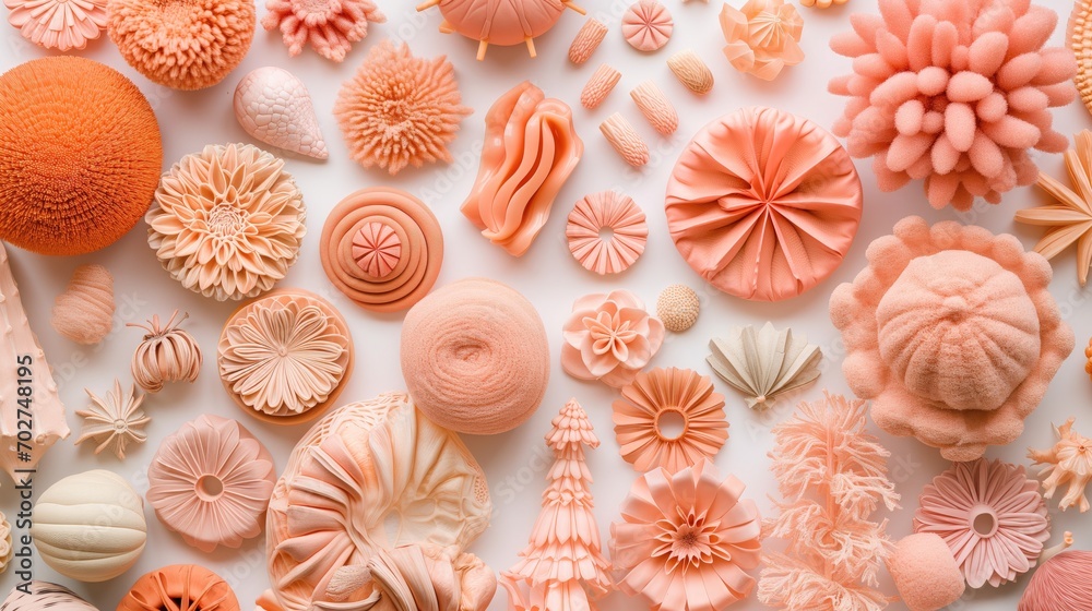 A spread of peach-colored abstract objects in various textures and shapes, displayed on a light background A spread of peach-colored abstract objects in various textures and shapes, displayed on a light background