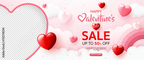 3D Happy valentine’s day sale banner template. special discount promotion sale offer with pink rainbow, sweet heart background for valentine online shop, store, advertising, web and social media post
