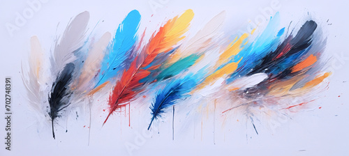 illustrazione con tratti di pennello in colori sintetici che riproducono piume colorate su sfondo bianco photo