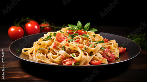 cooked pasta with sauce, tomatoes, basil top view on black background