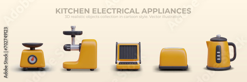 Realistic electrical appliances for kitchen. Set of cute vector illustrations in yellow and black color. Scales, meat grinder, electric grill, toaster, kettle. Unbranded household devices