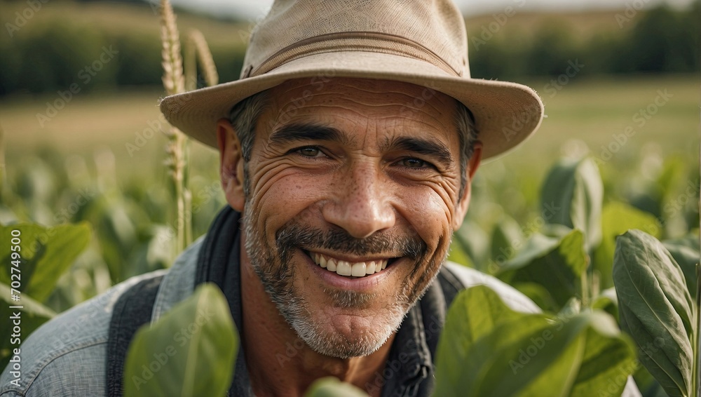 Joyous farmer in a green field, wearing a straw hat and a genuine smile, with lush crops and a serene sky in the background.