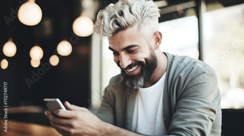 A white-haired young man looking at the smartphone and laughing closeup. photo