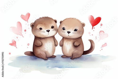 Cute watercolor otter in love, minimalist drawing