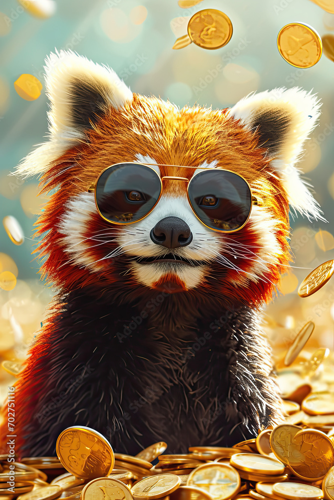 Fototapeta premium Funny and cute red panda wearing sunglasses surrounded by gold coins