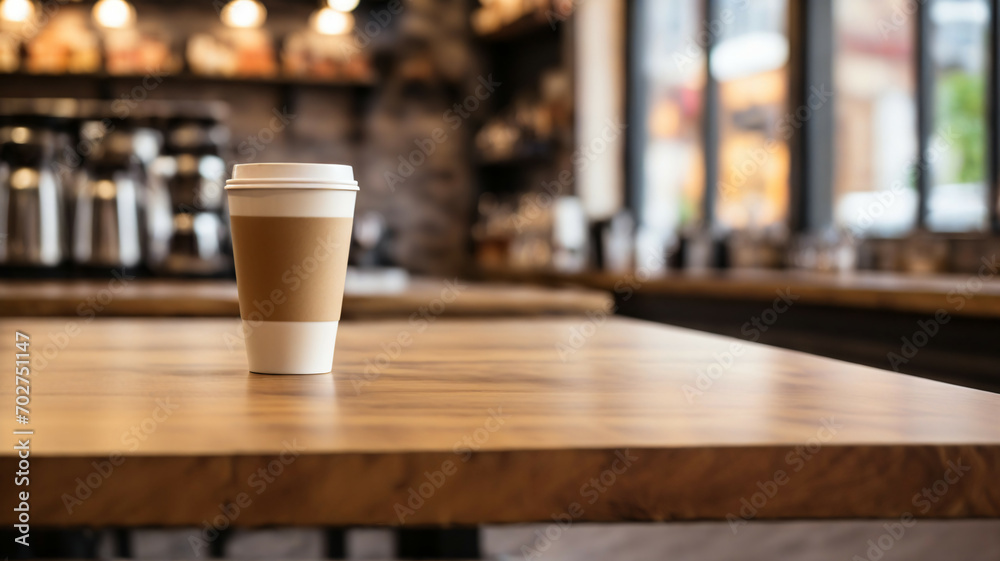 Cozy Coffee Shop Scene with Rustic Wooden Table for Mockups and Product Displays Cozy Coffee Shop Scene with Rustic Wooden Table for Mockups and Product Displays