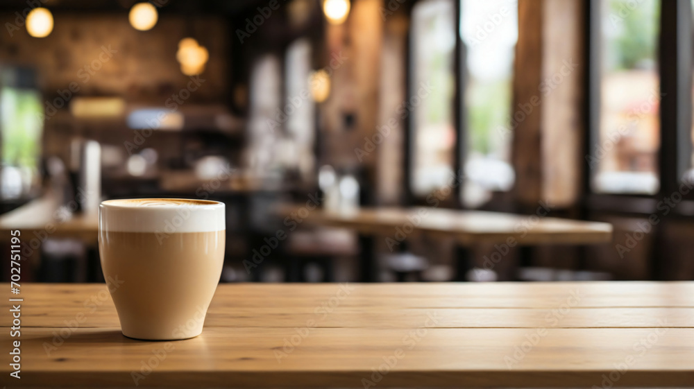 Cozy Coffee Shop Scene with Rustic Wooden Table for Mockups and Product Displays Cozy Coffee Shop Scene with Rustic Wooden Table for Mockups and Product Displays