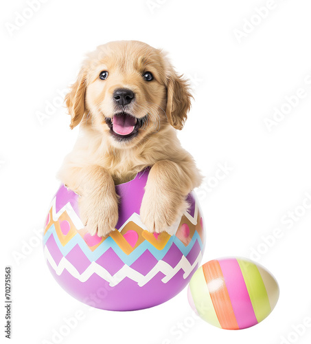 A happy and cute golden retriever dog puppy hatching out of a colorful easter egg isolated on a white background