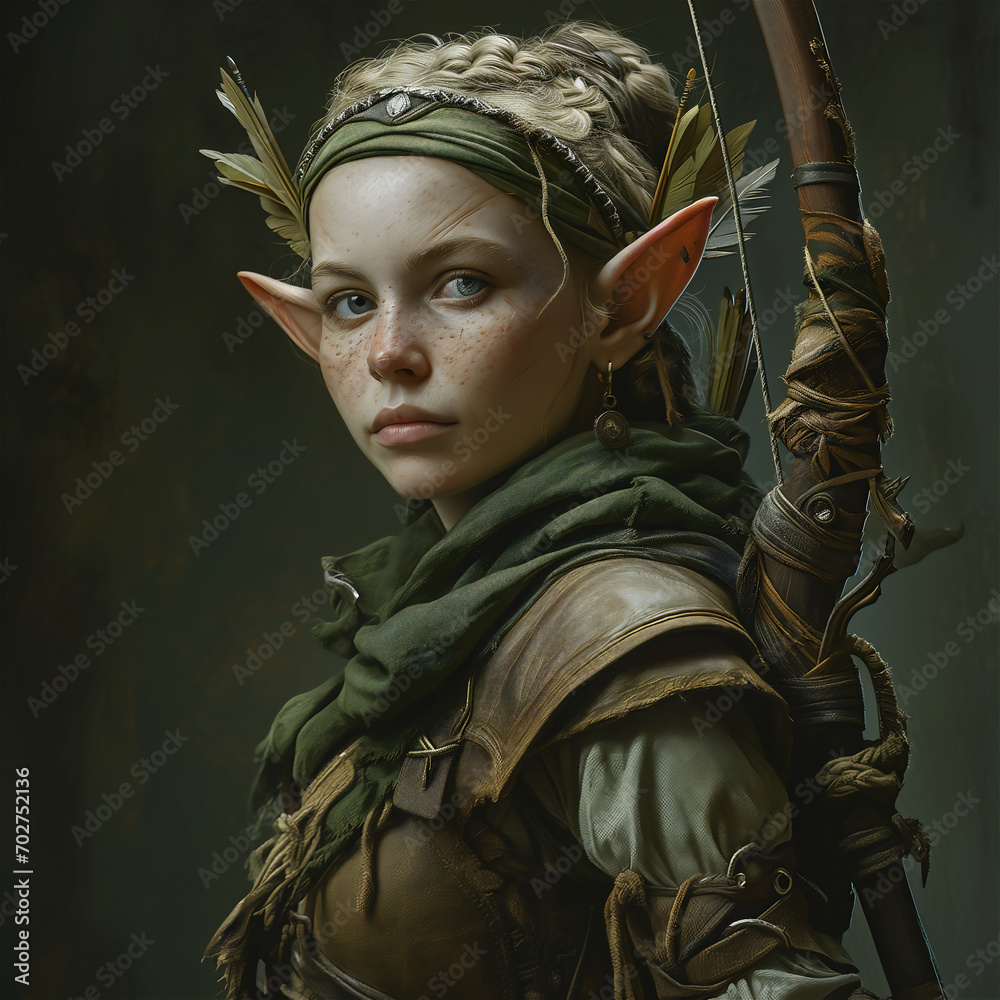 Elf ranger fantasy character in the woods with bow and arrows Stock ...