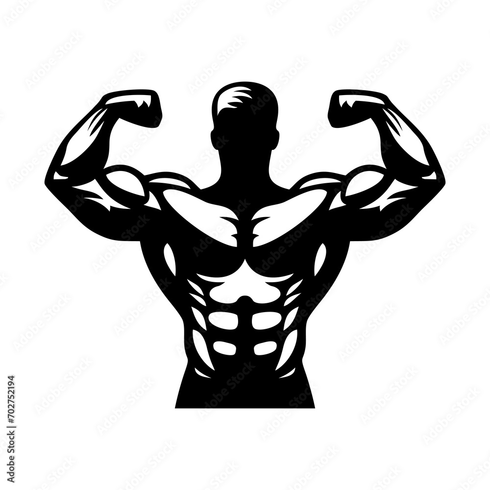 Bodybuilder icon. Man silhouette of a strong man, athlete icon. Body building muscles. Vector illustration
