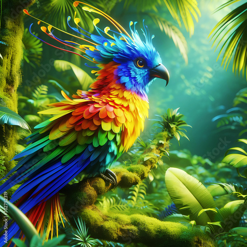 3D animated colorful bird in the forest of an AI generate © MdSejabul