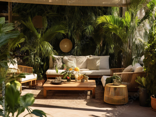 Cozy outdoor lounge area inspired by nature with comfortable wooden furniture surrounded by lush greenery.