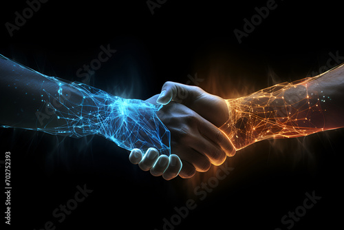 Abstract image of Business handshake in glowing blue. Low polygon, particle, and triangle style design.Wireframe light connection structure or points, lines, and shapes in the form of planets, stars 