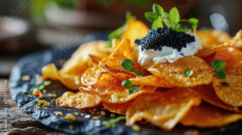 Potato chips with sour cream and black caviar. photo
