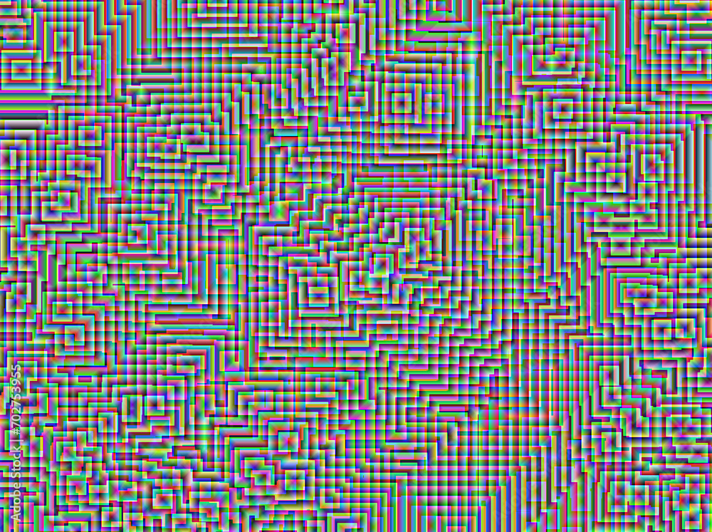 Abstrakcyjne tło. Mozaika przeźroczystych nakładających się na siebie kwadratowych kształtów w tęczowych gradientowych barwach z cyfrowym efektem luminescencji - obrazy, fototapety, plakaty 