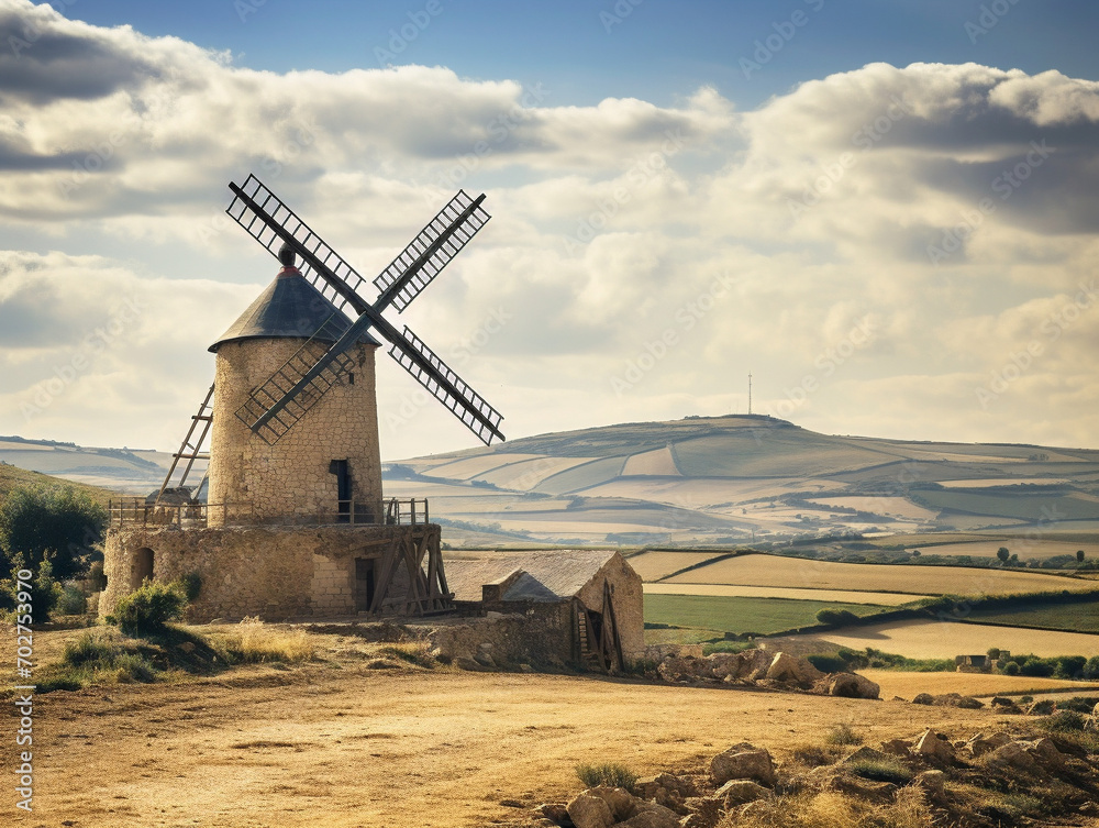 Historic windmills dot the pastoral landscape, timeless sentinels amid green fields under a serene sky.